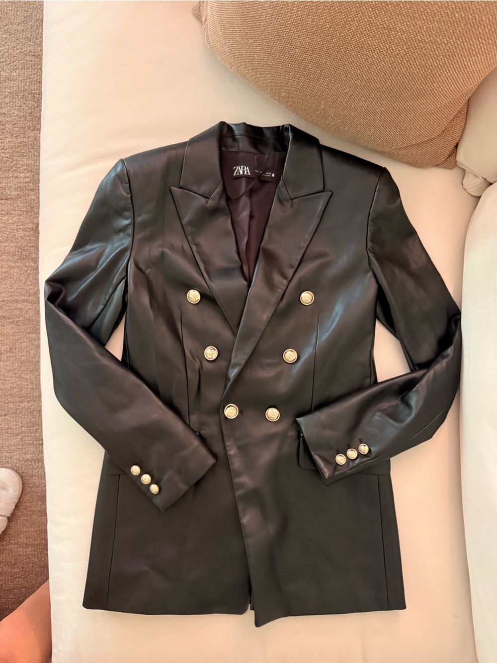 Zara Black Faux Leather Double-Breasted Blazer with Gold Buttons